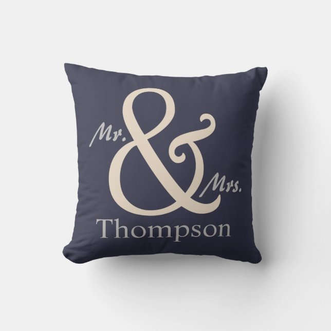 Navy Mr. and Mrs. Couple's Throw Pillow (Front)