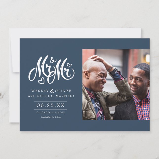 Navy Mr. & Mr. Script - Save the Date with Photo (Front)