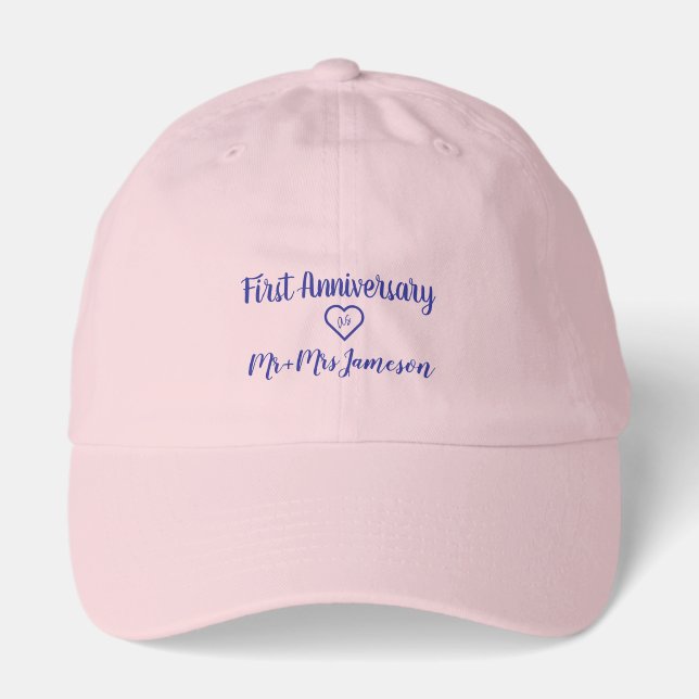 Navy Mr + Mrs. Anniversary Pink Hat (Front)