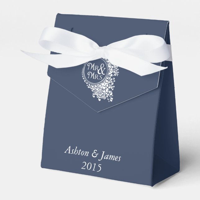 Navy Mr & Mrs Personalized Wedding Favor Box (Front Side)