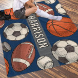 Navy Multi Sport Custom Name Monogram Fleece Blanket<br><div class="desc">An action-packed fleece blanket featuring a hand-drawn pattern of footballs, basketballs, soccer balls, baseballs, and hockey pucks with a custom name displayed on a bold gray banner. The classic navy background gives the design a timeless, athletic feel. An ideal gift for young athletes, sports fans, or anyone who can never...</div>