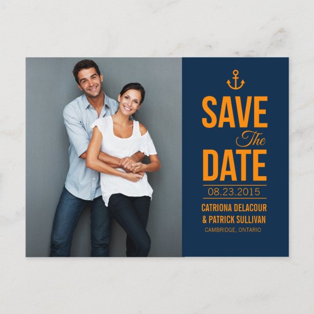 NAVY & MUSTARD NAUTICAL SAVE THE DATE POSTCARD (Front)