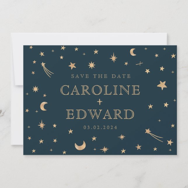 Navy Mystical Gold Stars Moon Astronomy Wedding  Invitation (Front)
