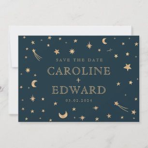 Navy Mystical Gold Stars Moon Astronomy Wedding Invitation