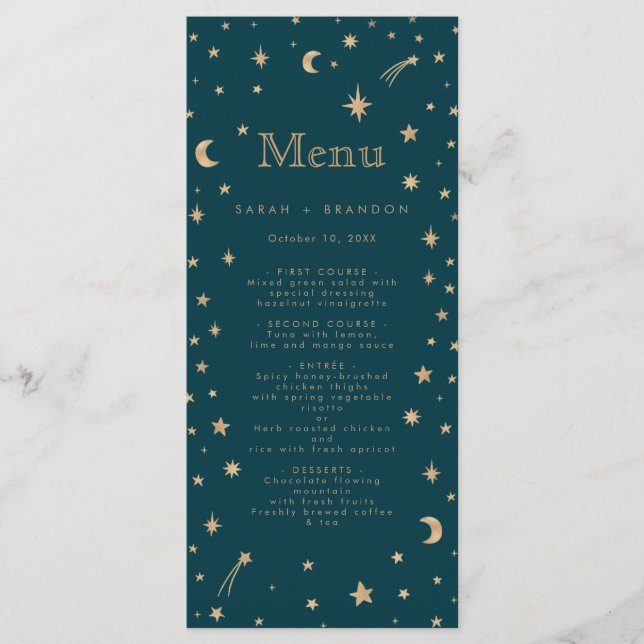 Navy Mystical Gold Stars Moon Astronomy Wedding  Menu (Front)