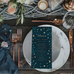 Navy Mystical Gold Stars Moon Astronomy Wedding Menu