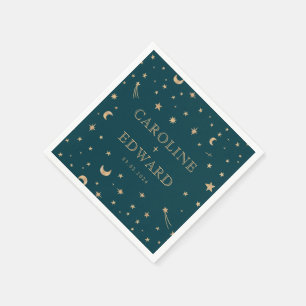 Navy Mystical Gold Stars Moon Astronomy Wedding  Napkins