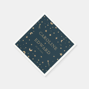Navy Mystical Gold Stars Moon Astronomy Wedding Napkins
