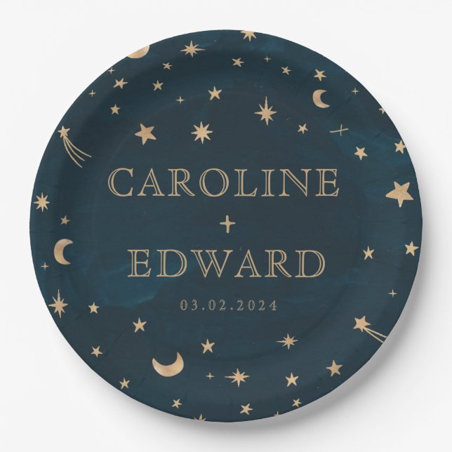 Navy Mystical Gold Stars Moon Astronomy Wedding  Paper Plates (Front)