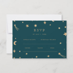Navy Mystical Gold Stars Moon Astronomy Wedding  RSVP Card