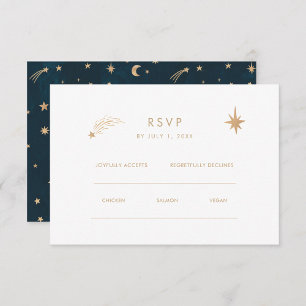 Navy Mystical Gold Stars Moon Astronomy Wedding RSVP Card