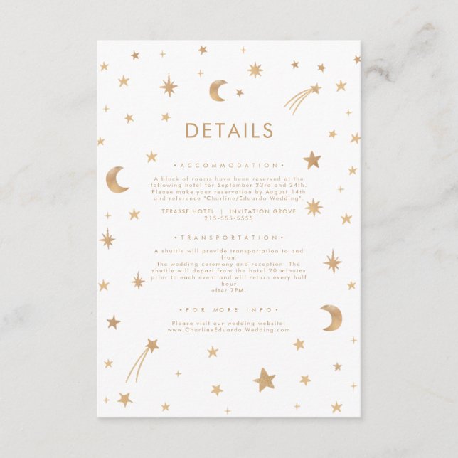 Navy Mystical Gold Stars Moon Wedding Details Enclosure Card (Front)