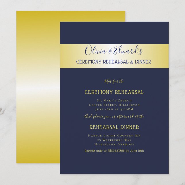 Navy n Gold Elegant Rehearsal Dinner Invitation (Front/Back)