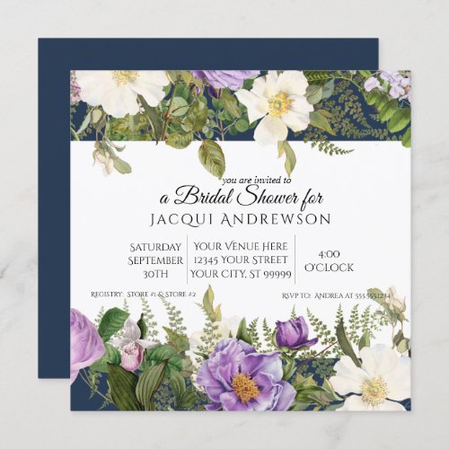 Navy n Lavender Ivory Roses Floral Bridal Shower Invitation