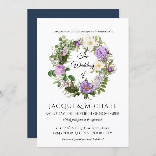 Navy n Lavender Ivory Roses w Fern Wreath Wedding Invitation