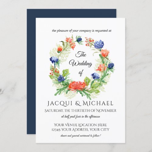 Navy n Orange Chrysanthemum Thistle Wreath Wedding Invitation