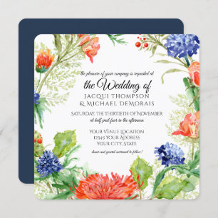 Navy n Orange Coral Mums Thistles Botanical Floral Invitation
