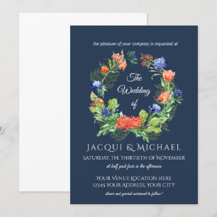 Navy n Orange Mum n Thistle Floral Wreath Wedding Invitation