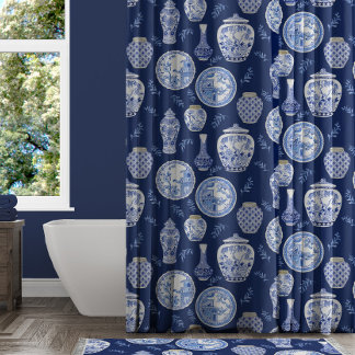 Navy n White Floral Ginger Jar Asian Vintage Decor Shower Curtain