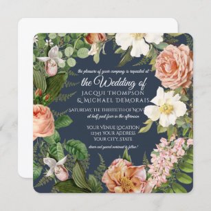 Navy n White Rose Vintage Botanical Floral Wedding Invitation