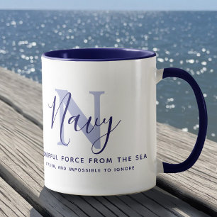 Navy name meaning and monogram blue text mug