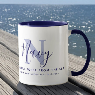 Navy name meaning and monogram blue text mug
