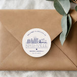 Navy Nashville Skyline | Wedding Welcome  Classic Round Sticker<br><div class="desc">Enhance your wedding welcome packages or event party favors with a custom set of welcome stickers! These elegant yet minimal-style stickers are tailored for a wedding taking place in the beautiful city of Nashville. They feature a modern deco skyline with the name of the city integrated underneath. All elements of...</div>