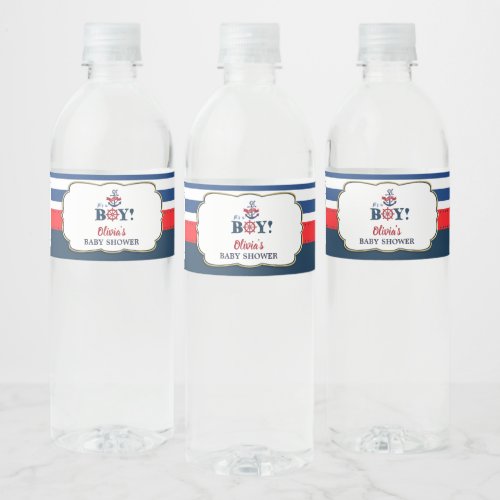 Navy Nautical Ahoy Its a Boy Anchor Baby Shower Water Bottle Label