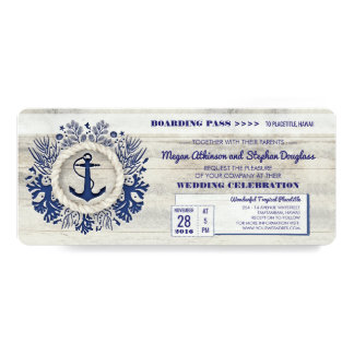 Navy Nautical Anchor Boarding Pass Wedding Ticket Card