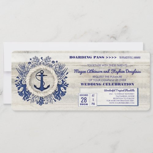 Navy Nautical Anchor Boarding Pass Wedding Ticket Invitation