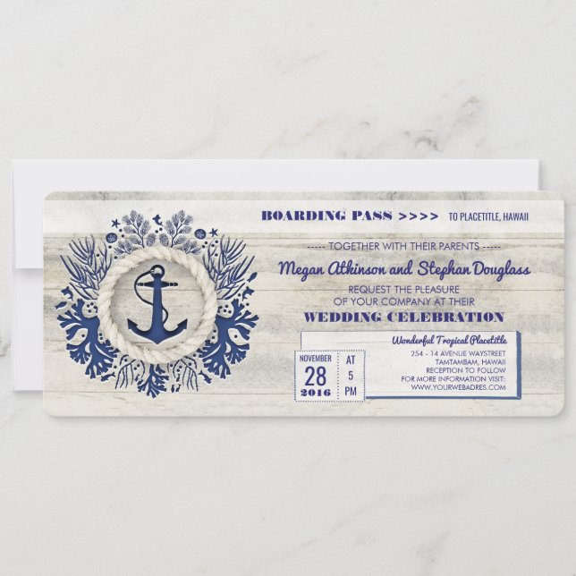 Navy Nautical Anchor Boarding Pass Wedding Ticket Invitation (Front)