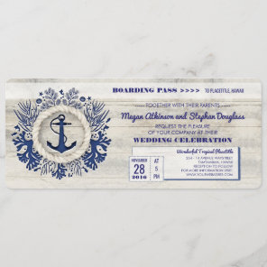 Navy Nautical Anchor Boarding Pass Wedding Ticket Invitation