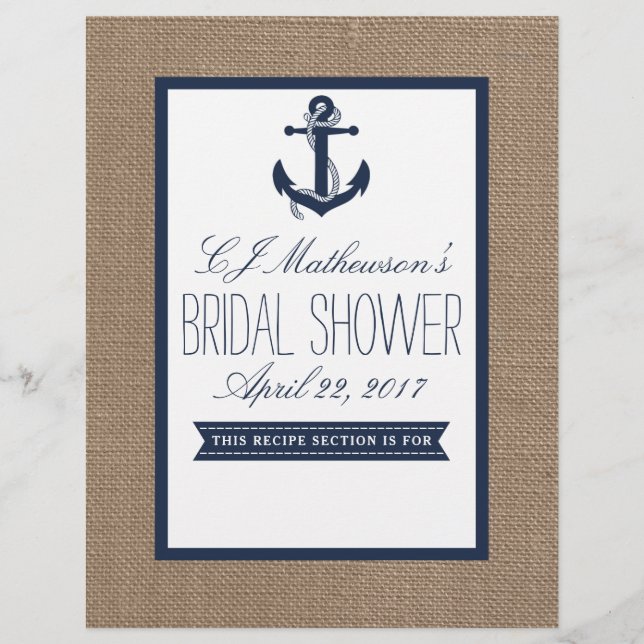 Navy Nautical Anchor Bridal Shower Recipe Divider (Front)