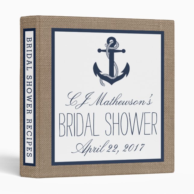 Navy Nautical Anchor Burlap Bridal Shower Recipe 3 Ring Binder (Front/Spine)