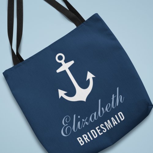 Navy Nautical Anchor Custom Wedding Bridesmaid Tote Bag