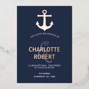Navy Nautical Anchor Modern Beach Wedding Gold  Foil Invitation