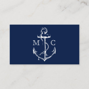 Navy Nautical Anchor Monogram Business Card