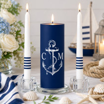 Navy Nautical Anchor Monogram Stripe Unity Candle Set