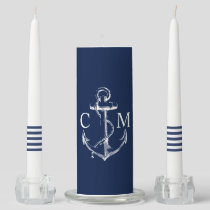 Navy Nautical Anchor Monogram Stripe Unity Candle Set