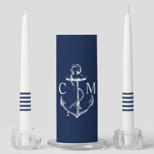 Navy Nautical Anchor Monogram Stripe Unity Candle Set