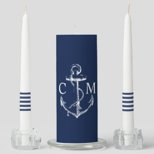 Navy Nautical Anchor Monogram Stripe Unity Candle Set