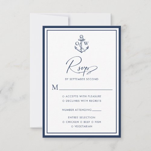 Navy Nautical Anchor Monogram Wedding RSVP Card