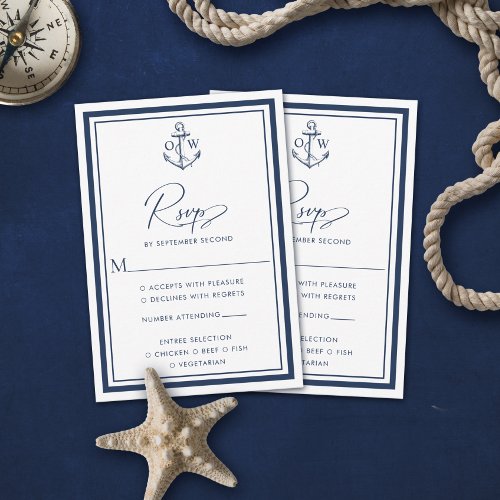 Navy Nautical Anchor Monogram Wedding RSVP Card