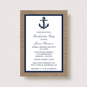Navy Nautical Anchor On Burlap Bachelorette Party Invitation