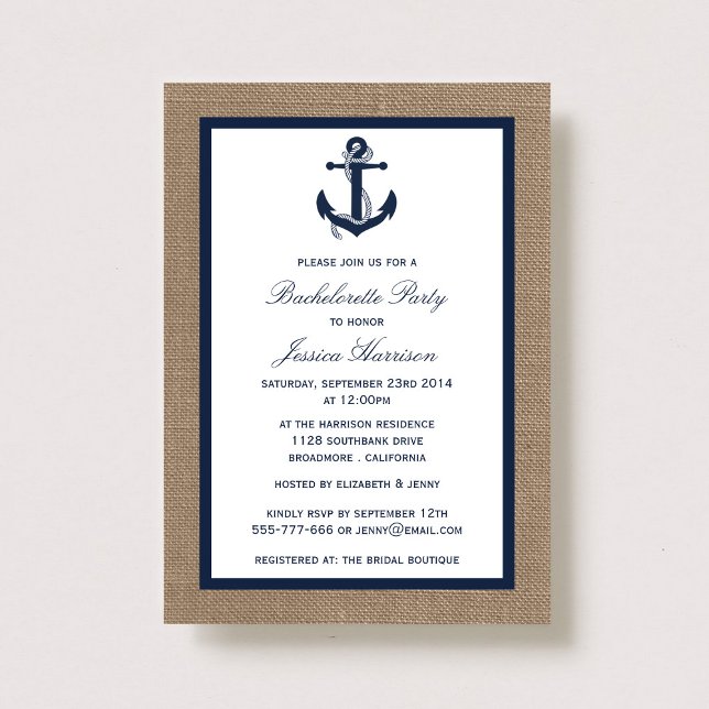 Navy Nautical Anchor On Burlap Bachelorette Party Invitation (Creator Uploaded)