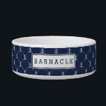 Navy Nautical Anchor Pattern Personalized Bowl<br><div class="desc">Pamper your seafaring pooch with our personalized dog bowl,  featuring a pattern of tiny white nautical anchors on classic navy blue,  with your pet's name on the front.</div>