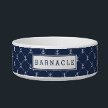 Navy Nautical Anchor Pattern Personalized Bowl<br><div class="desc">Pamper your seafaring pooch with our personalized dog bowl,  featuring a pattern of tiny white nautical anchors on classic navy blue,  with your pet's name on the front.</div>
