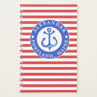 Navy Nautical Anchor & Red Stripes Personalized Planner