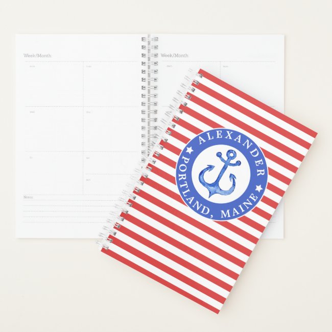 Navy Nautical Anchor & Red Stripes Personalized