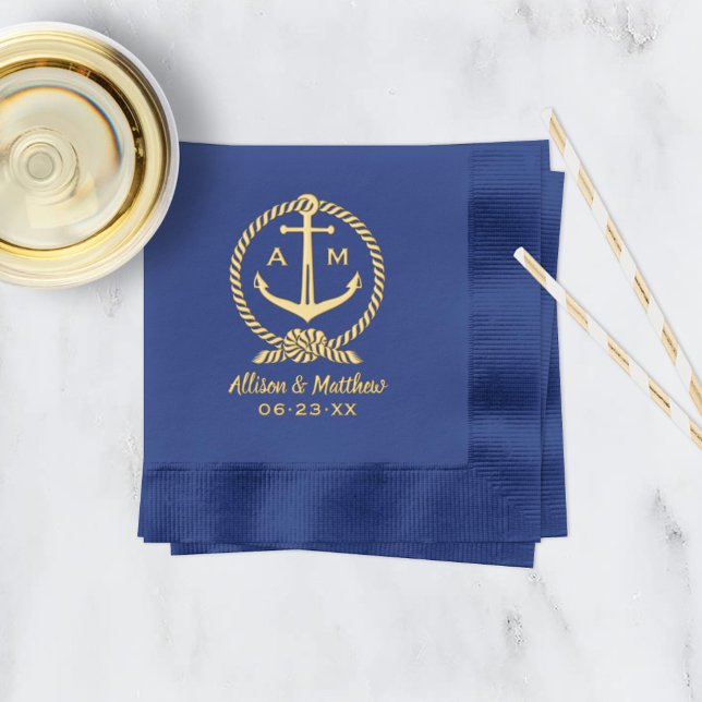 Navy Nautical Anchor Rope Monogram Wedding Foil Napkins (Creator Uploaded)